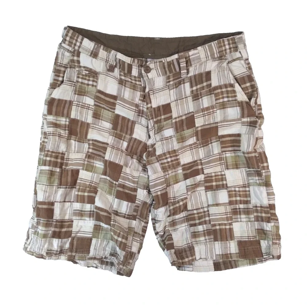 Arizona Jean Co Shorts men's 38 x 12 Bermuda Patchwork plaid Brown cotton preppy